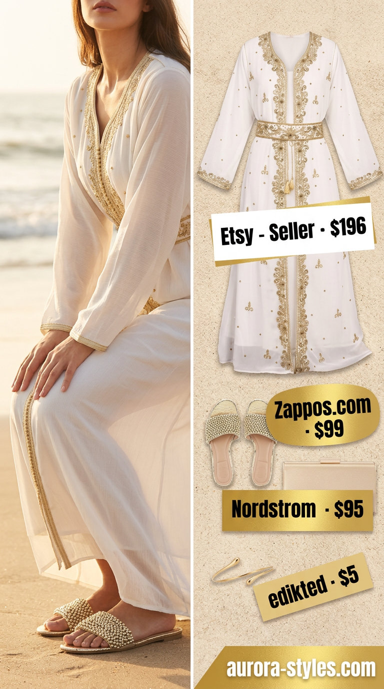 Ethereal maxi caftan outfit for women 2026: White embellished caftan, gold sandals, and clutch.