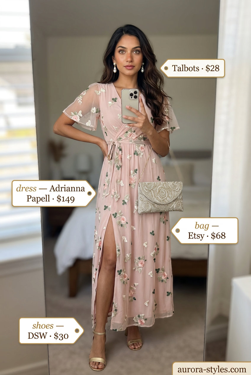 Blush pink floral embroidered belted maxi dress for women 2026, perfect for garden parties with block heel sandals.