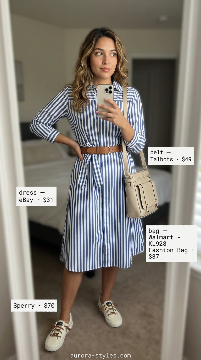 Light blue striped shirtdress for women 2026, styled with a tan belt and white sneakers for a casual day out.