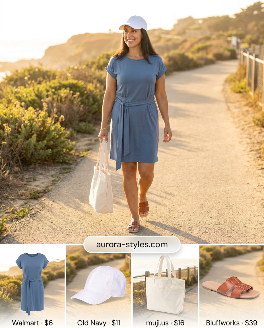 Navy blue t-shirt belted dress for women 2026, styled for an active day with tan slide sandals and a canvas tote bag.