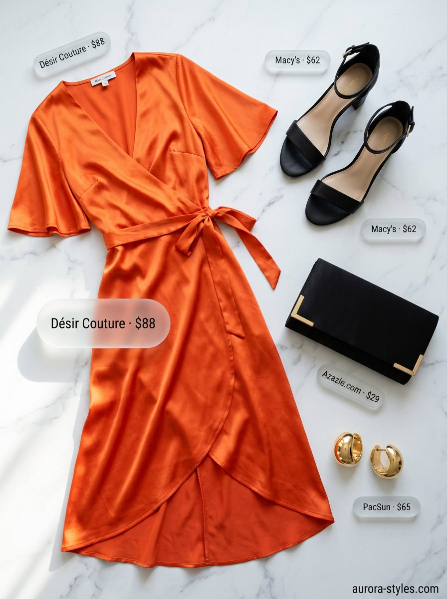 Vibrant mango orange belted dress for women 2026, perfect for date night with black strappy heels and gold hoop earrings.