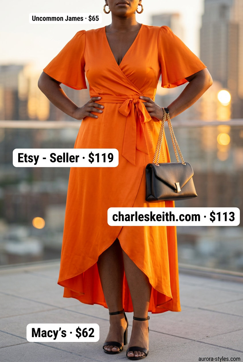 Sunset glow wrap dress outfit for women 2026: Mango orange dress, black heels, gold earrings, and shoulder bag.