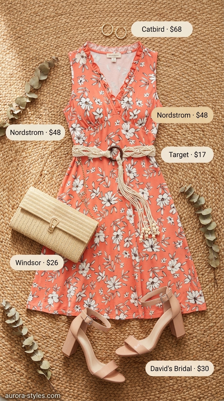 Coral floral maxi dress with rope belt and straw clutch. Summer belted dress for women 2026.