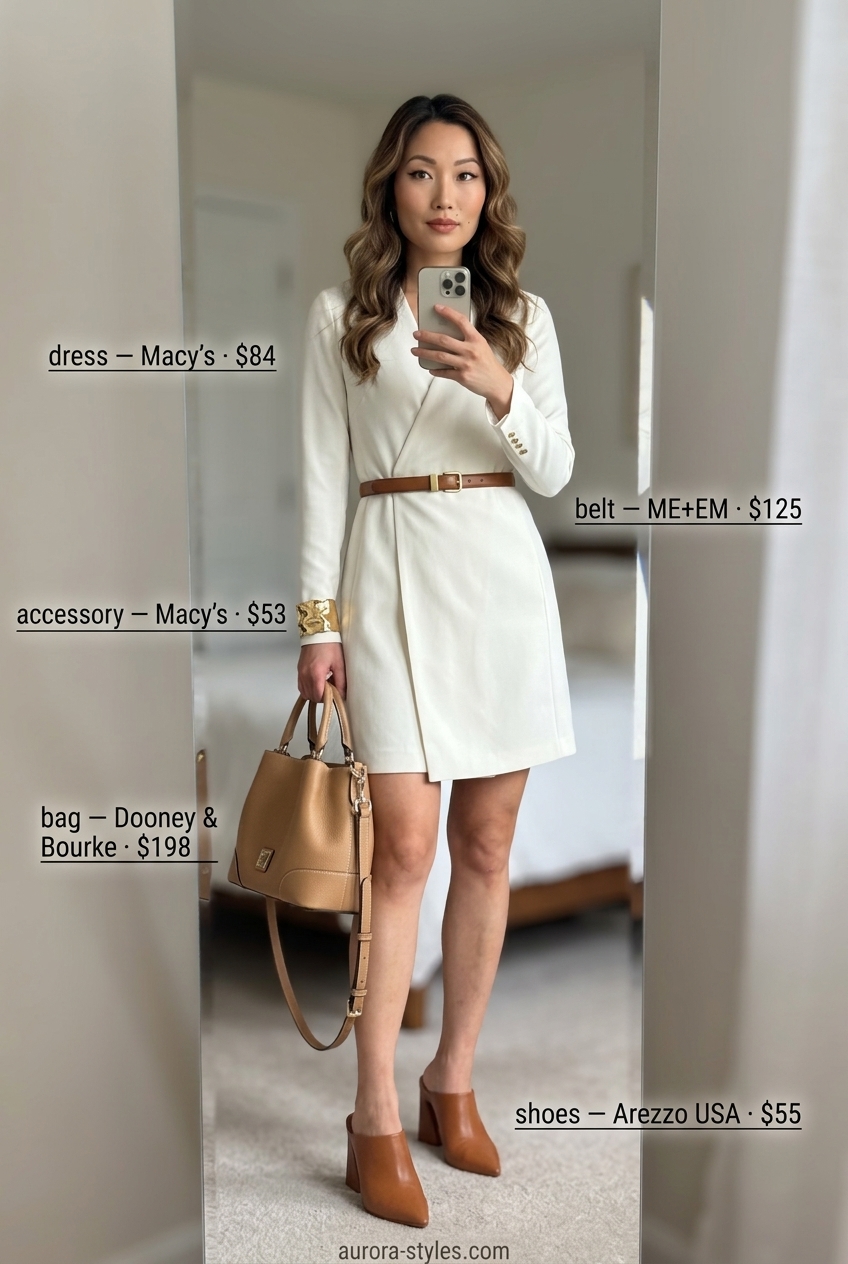 Ivory wrap dress with camel belt and leather bag. Summer belted dress for women 2026.