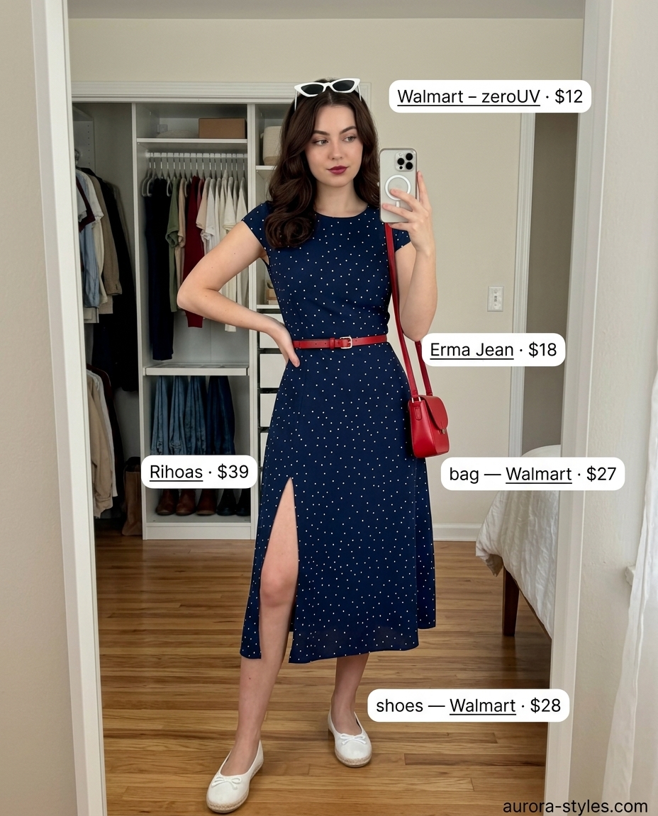 Navy polka dot midi dress with red belt and cat-eye sunglasses. Summer belted dress for women 2026.