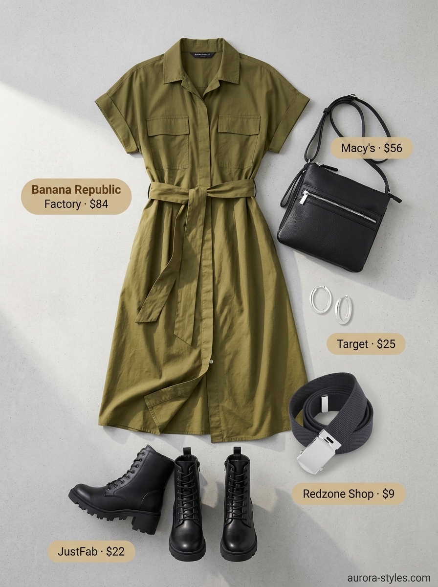 Olive green utility dress with combat boots and crossbody bag. Summer belted dress for women 2026.