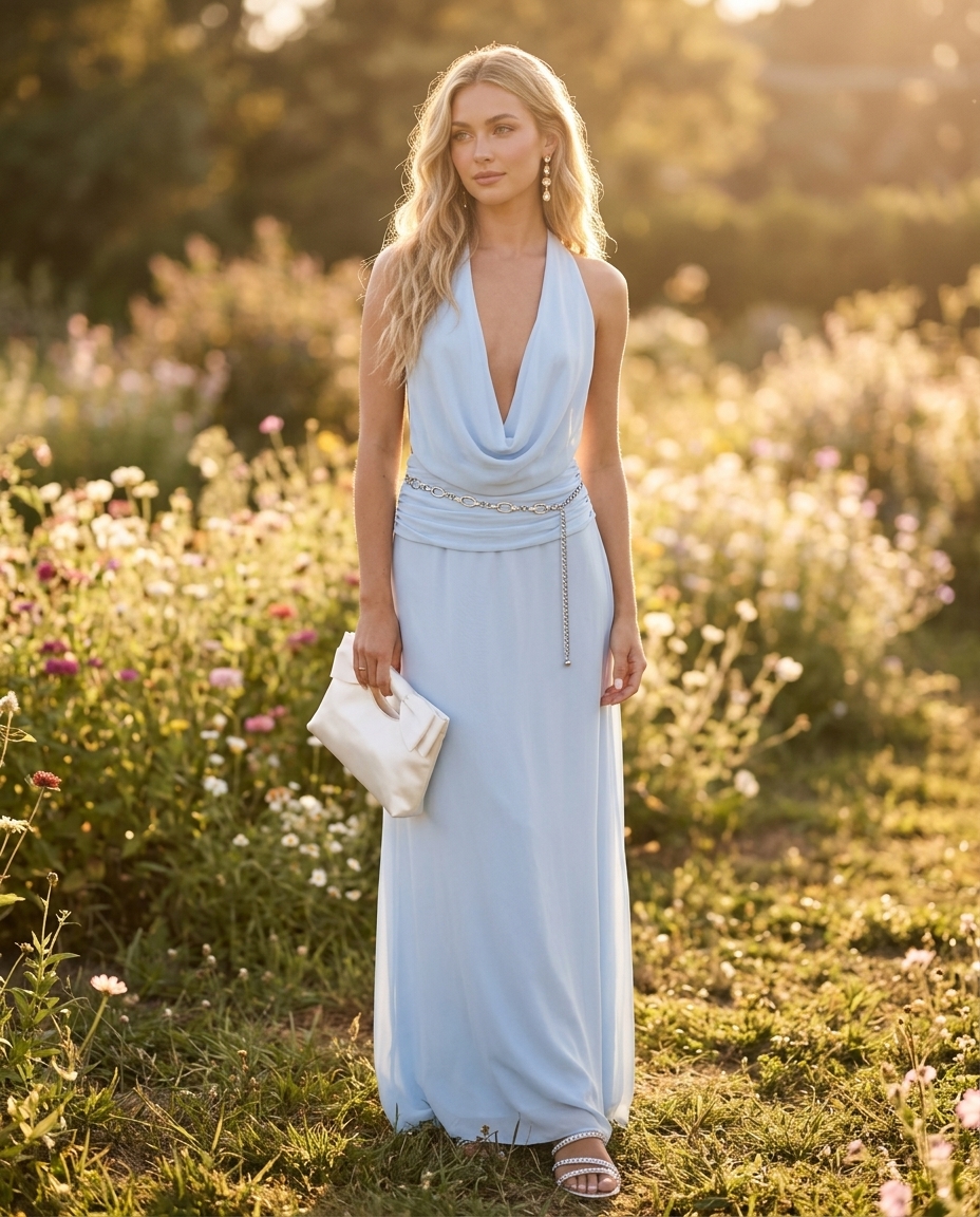Sky blue chiffon maxi dress with silver chain belt and flat sandals. Summer belted dress for women 2026.