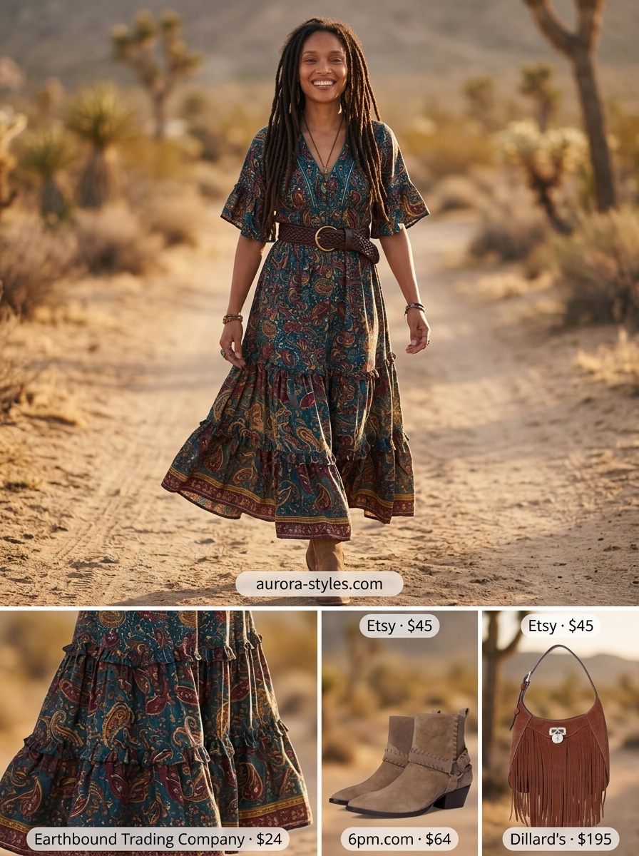 Teal paisley maxi dress with wide leather belt and suede boots. Summer belted dress for women 2026.
