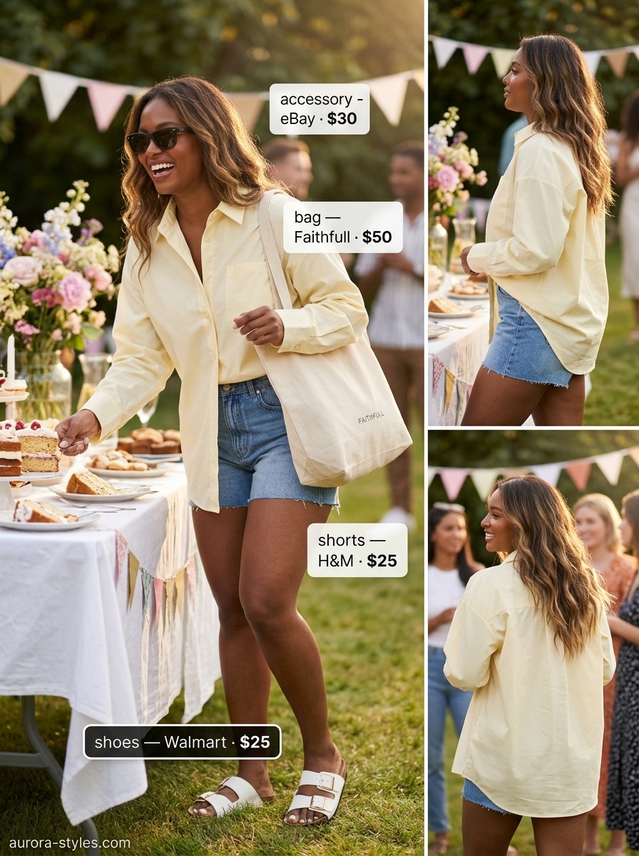 Casual summer birthday outfit for women 2026: Yellow oversized shirt, denim shorts, canvas tote for BBQ.