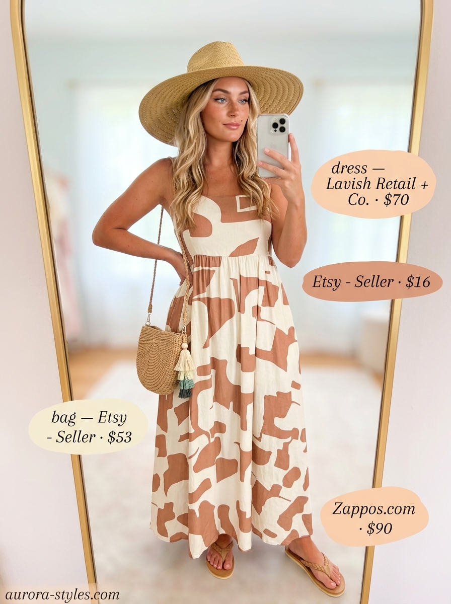 Boho summer birthday outfit for women 2026: Terracotta maxi dress, straw hat & sandals for a beachside dinner.