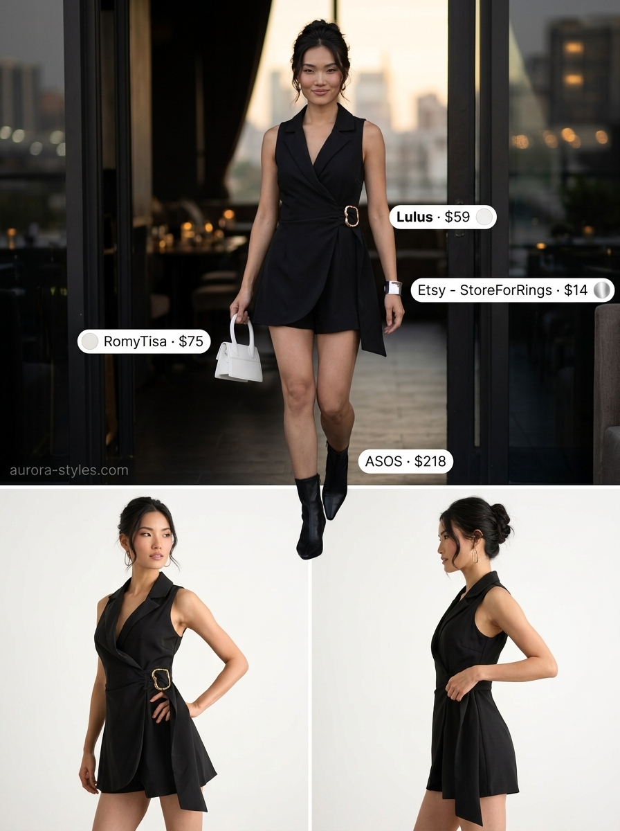 Modern summer birthday outfit for women 2026: Black romper, silver cuff, heeled boots for city night out.