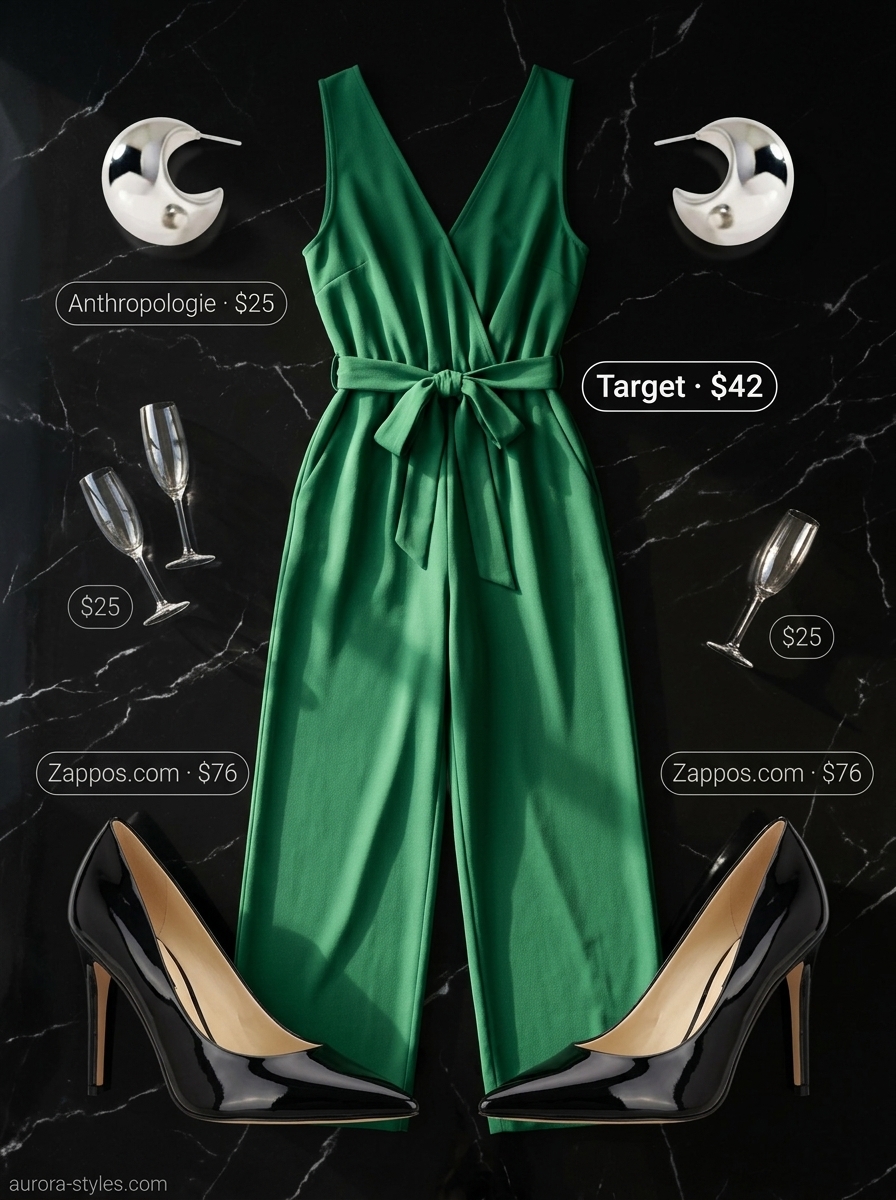 Emerald green wide-leg jumpsuit, black heels, and silver hoops for a sleek summer birthday outfit for women 2026.