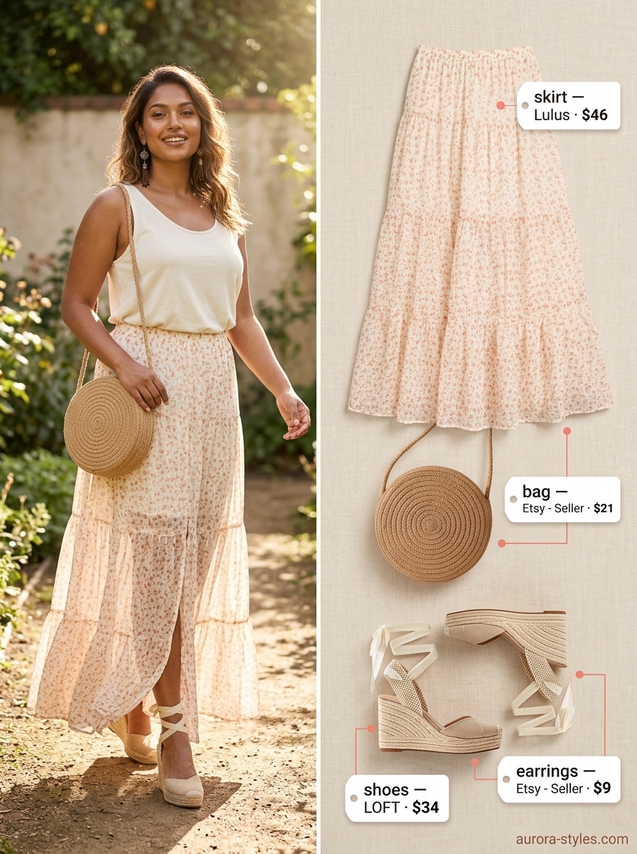 Earthy summer birthday outfit for women 2026: Terracotta tiered skirt, ivory crop top, espadrilles for festival.