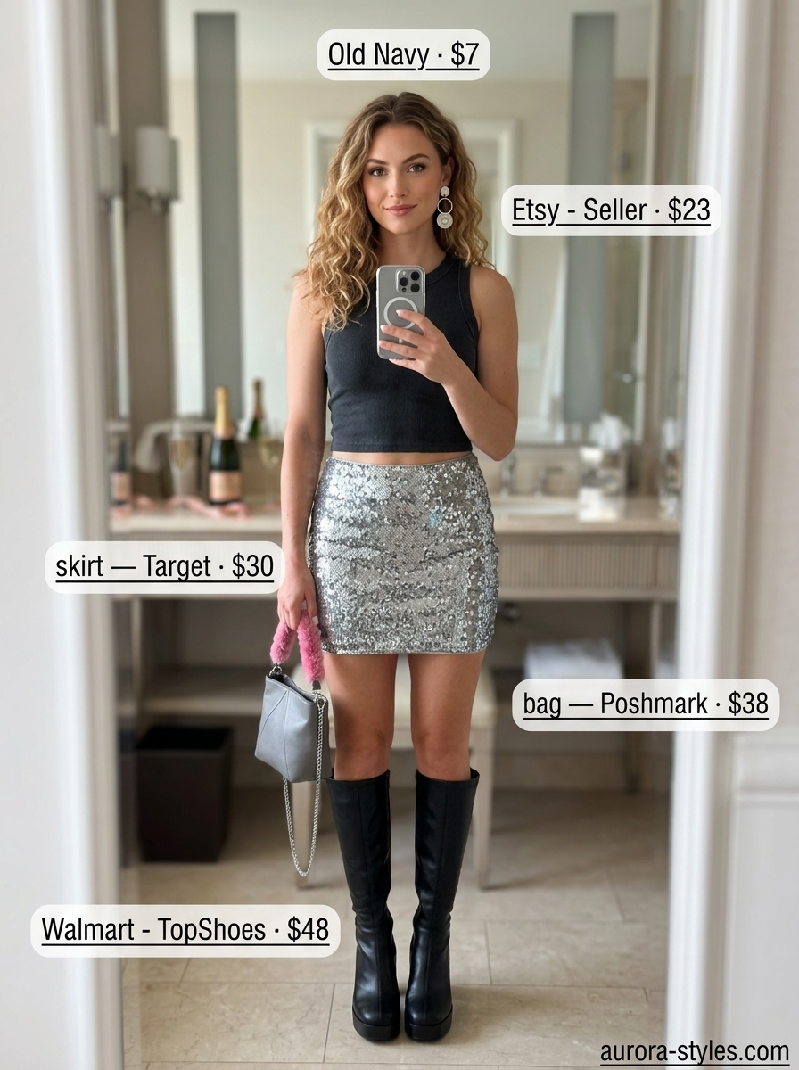 Iridescent silver sequin skirt, black crop top, and go-go boots for a glam summer birthday outfit for women 2026.