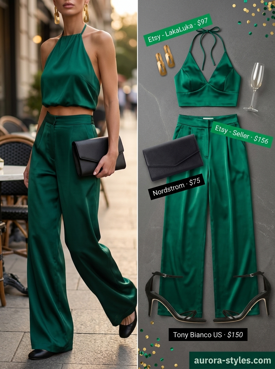 Emerald green satin set with crop top and wide-leg pants for a stylish summer birthday outfit for women 2026.