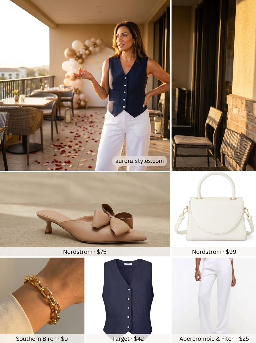 Sophisticated summer birthday outfit for women 2026: White wide-leg pants, navy vest, gold jewelry for brunch.