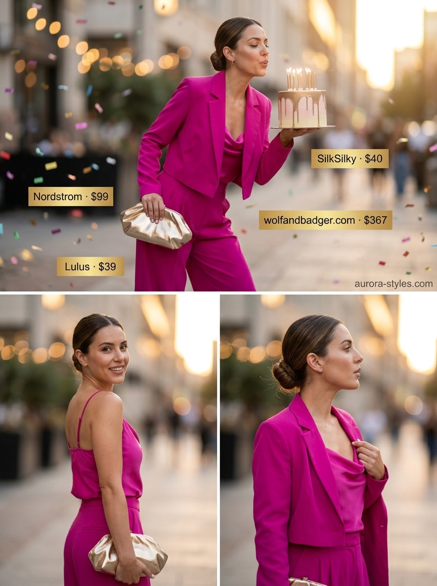 Glamorous summer birthday outfit for women 2026: Fuchsia satin set, gold jewelry, heels for evening party.