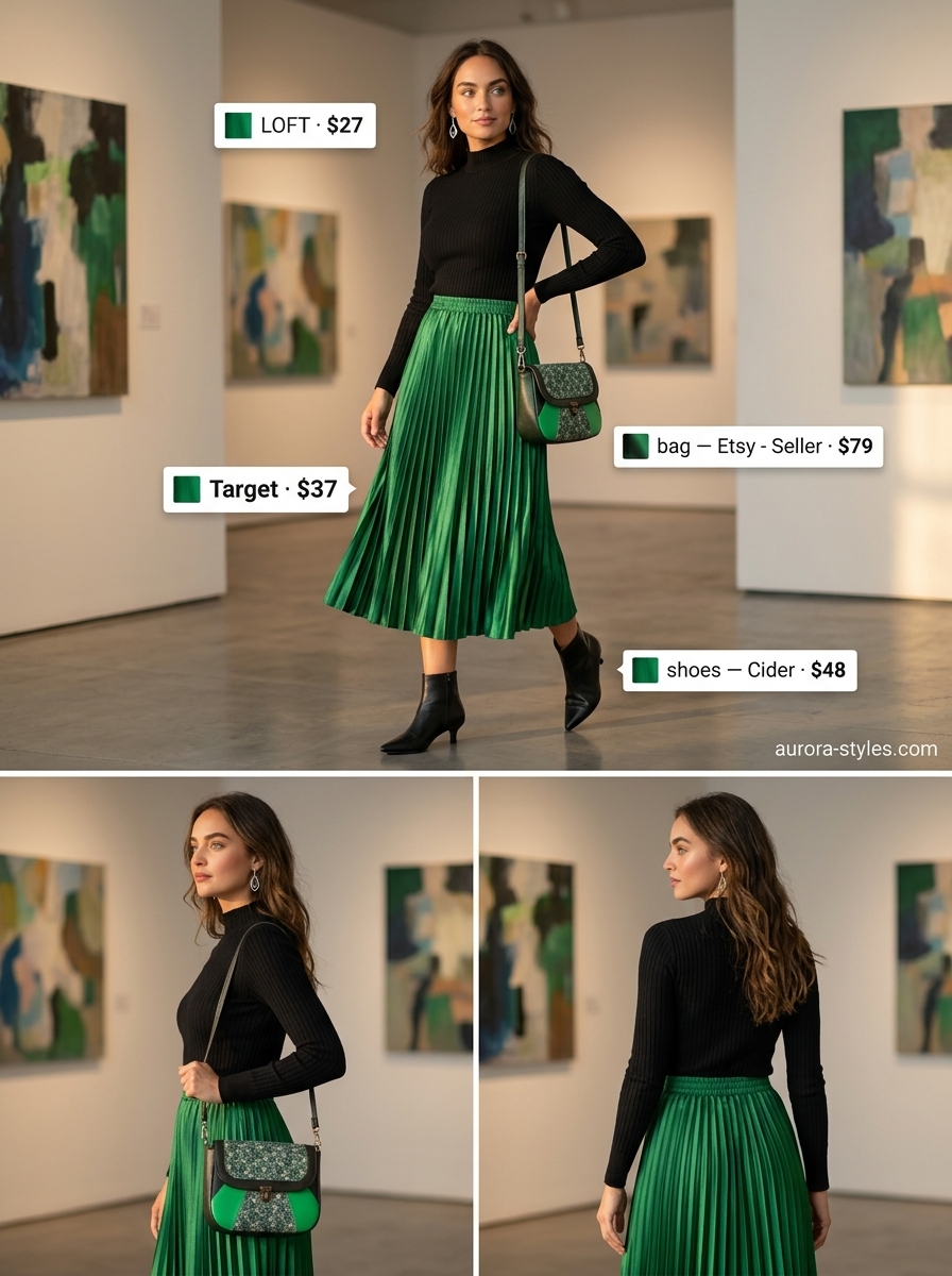 Artistic summer birthday outfit for women 2026: Emerald green pleated skirt, black knit top, ankle boots.