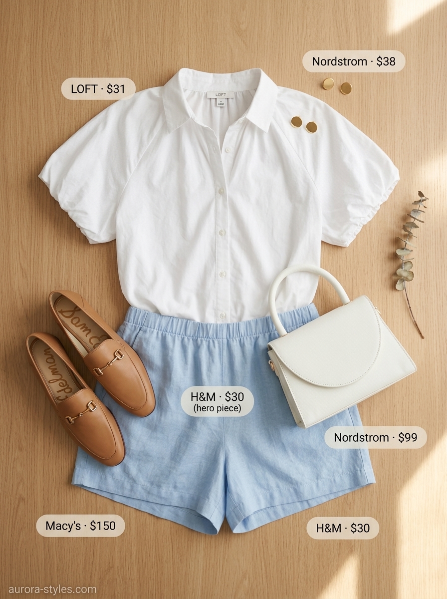 Sky blue linen shorts, white blouse, and tan loafers for a charming summer birthday outfit for women 2026.