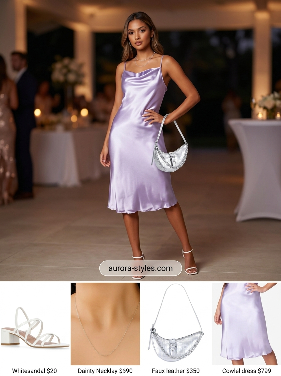 Elegant summer birthday outfit for women 2026: Lilac satin slip dress, silver jewelry & heels for a chic dinner.