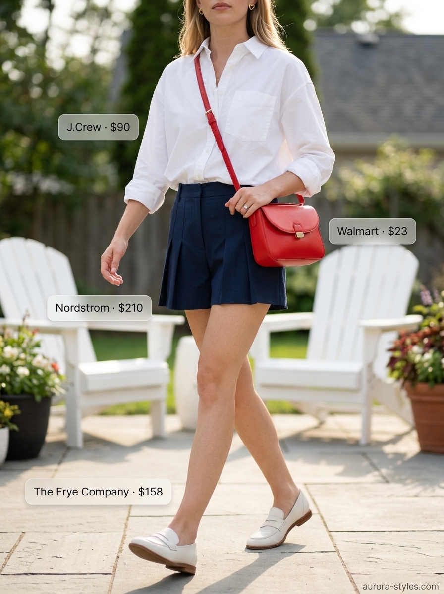 Navy shorts, white button-down, red crossbody bag for a crisp summer birthday outfit for women 2026.