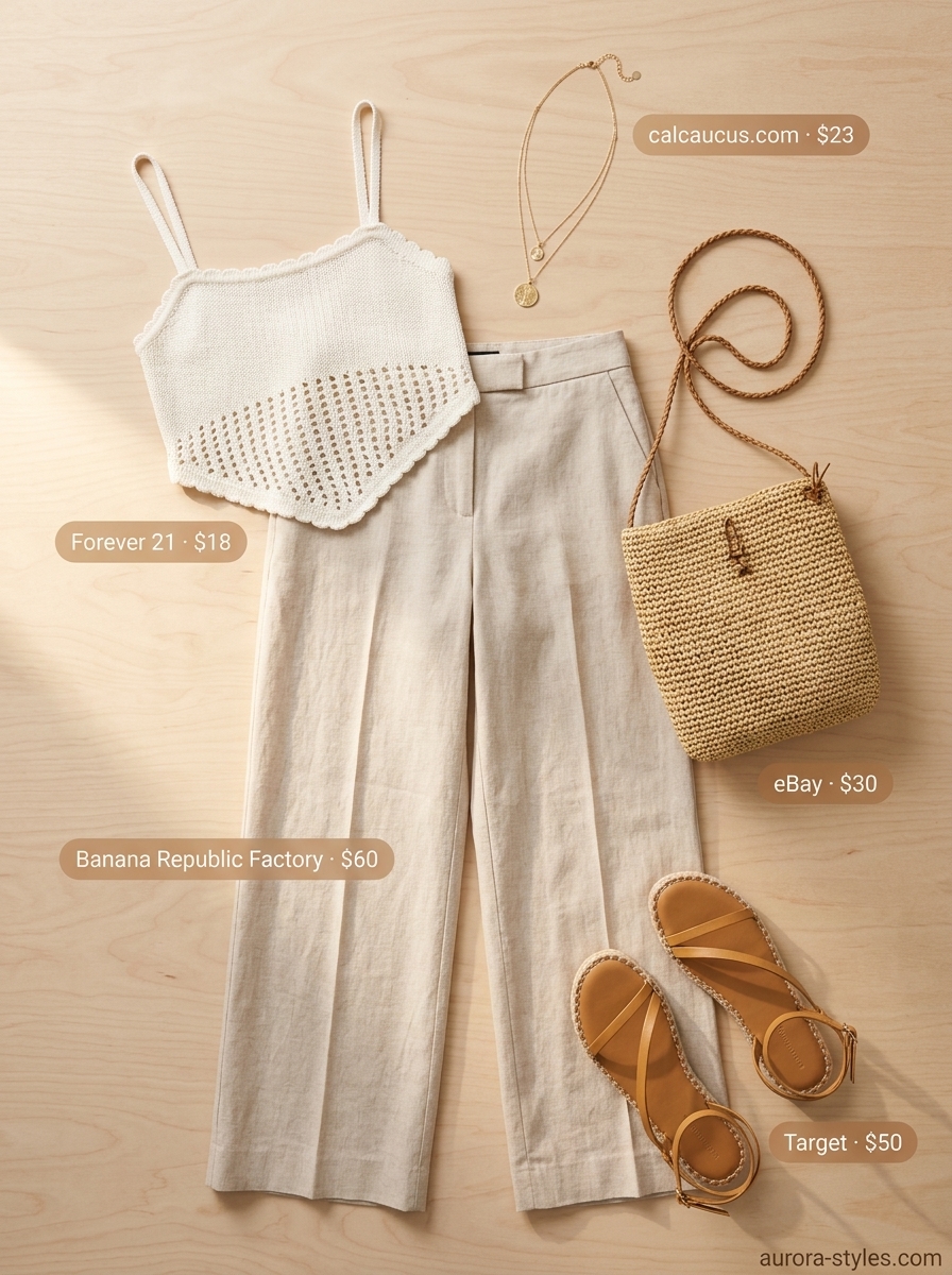 Beige linen pants, cream crochet top, and espadrilles for a chic summer birthday outfit for women 2026.