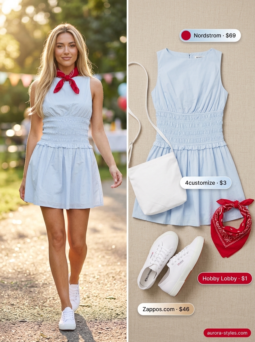 Playful summer birthday outfit for women 2026: Sky blue sundress, white sneakers, red bandana for picnic.