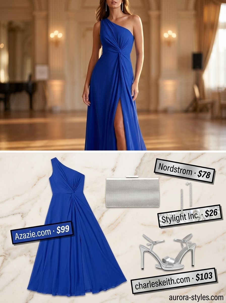 Cobalt blue one-shoulder maxi dress, silver sandals, and drop earrings for a summer birthday outfit for women 2026.