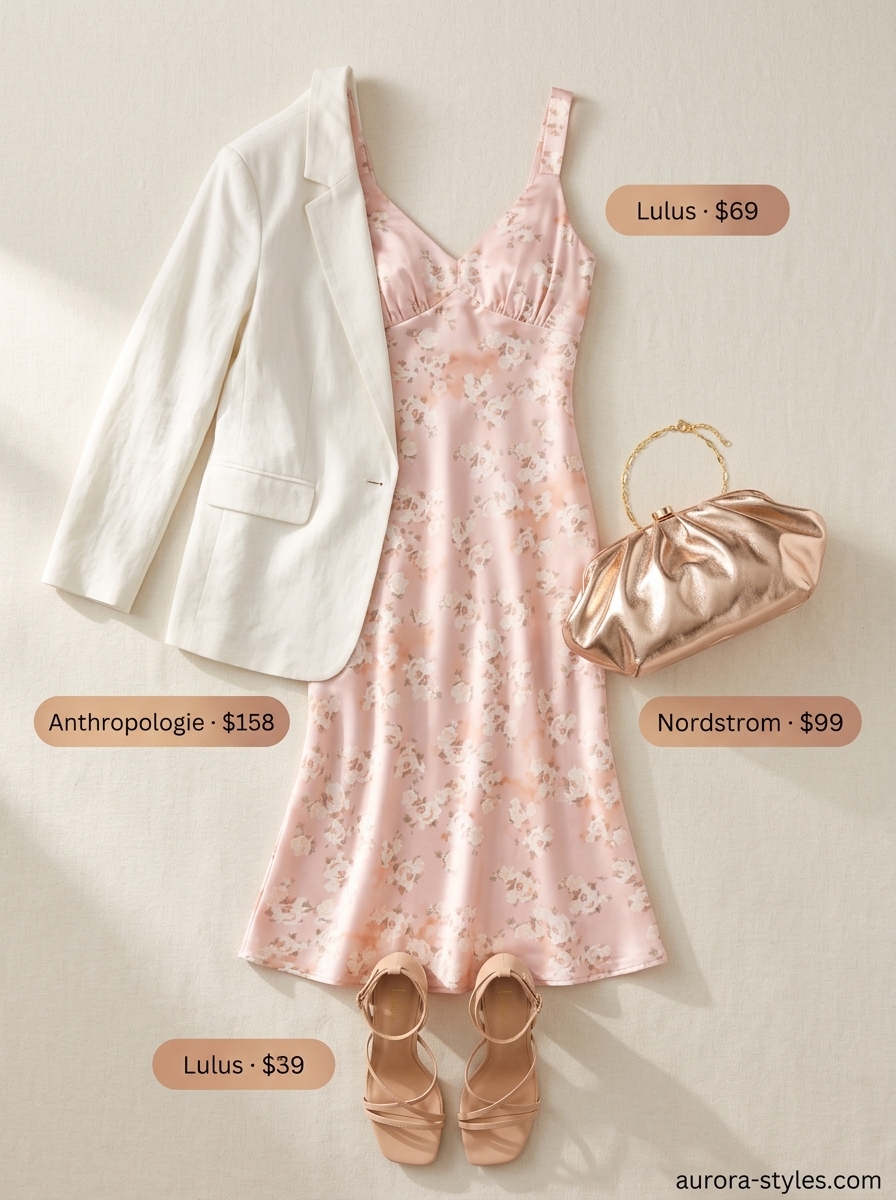 Soft pink floral slip dress, ivory blazer, and gold clutch for an elegant summer birthday outfit for women 2026.