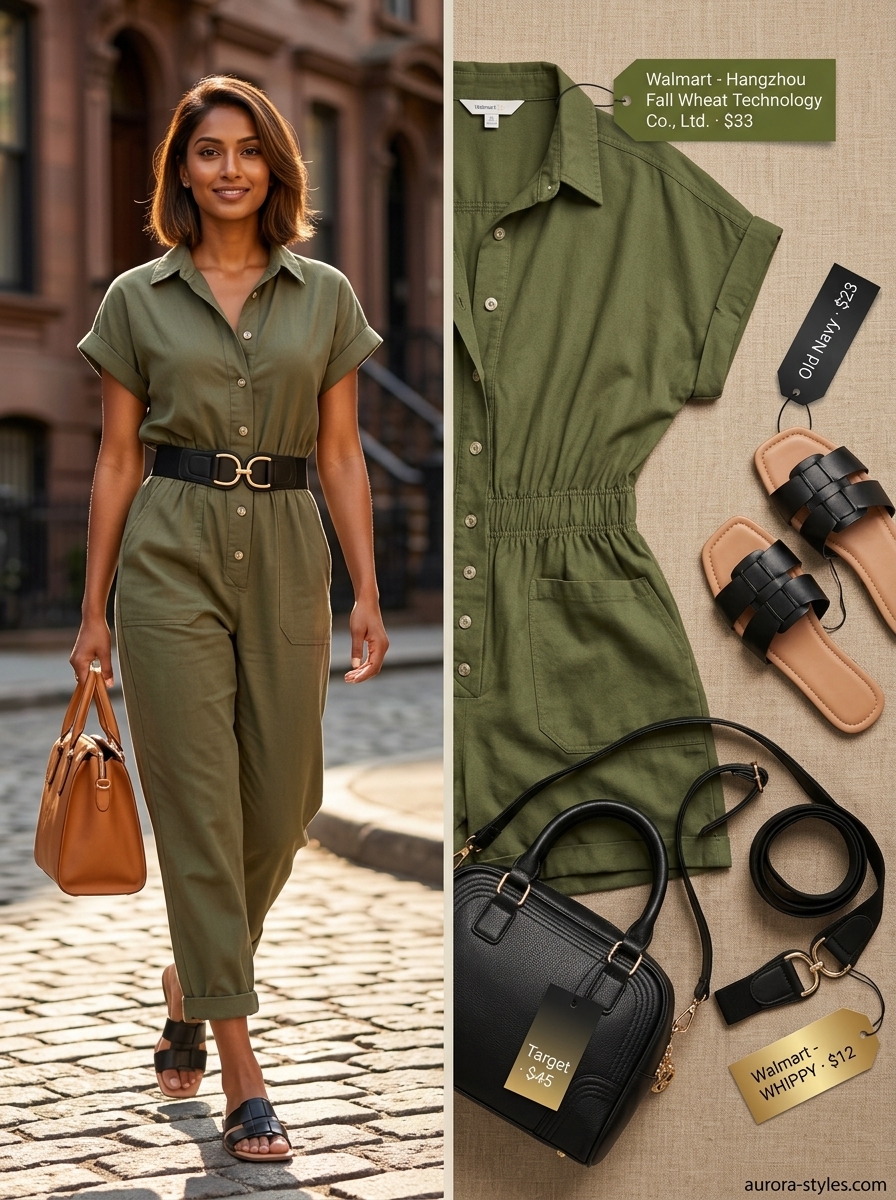 Olive green utility jumpsuit, black belt, and crossbody bag for a cool summer birthday outfit for women 2026.