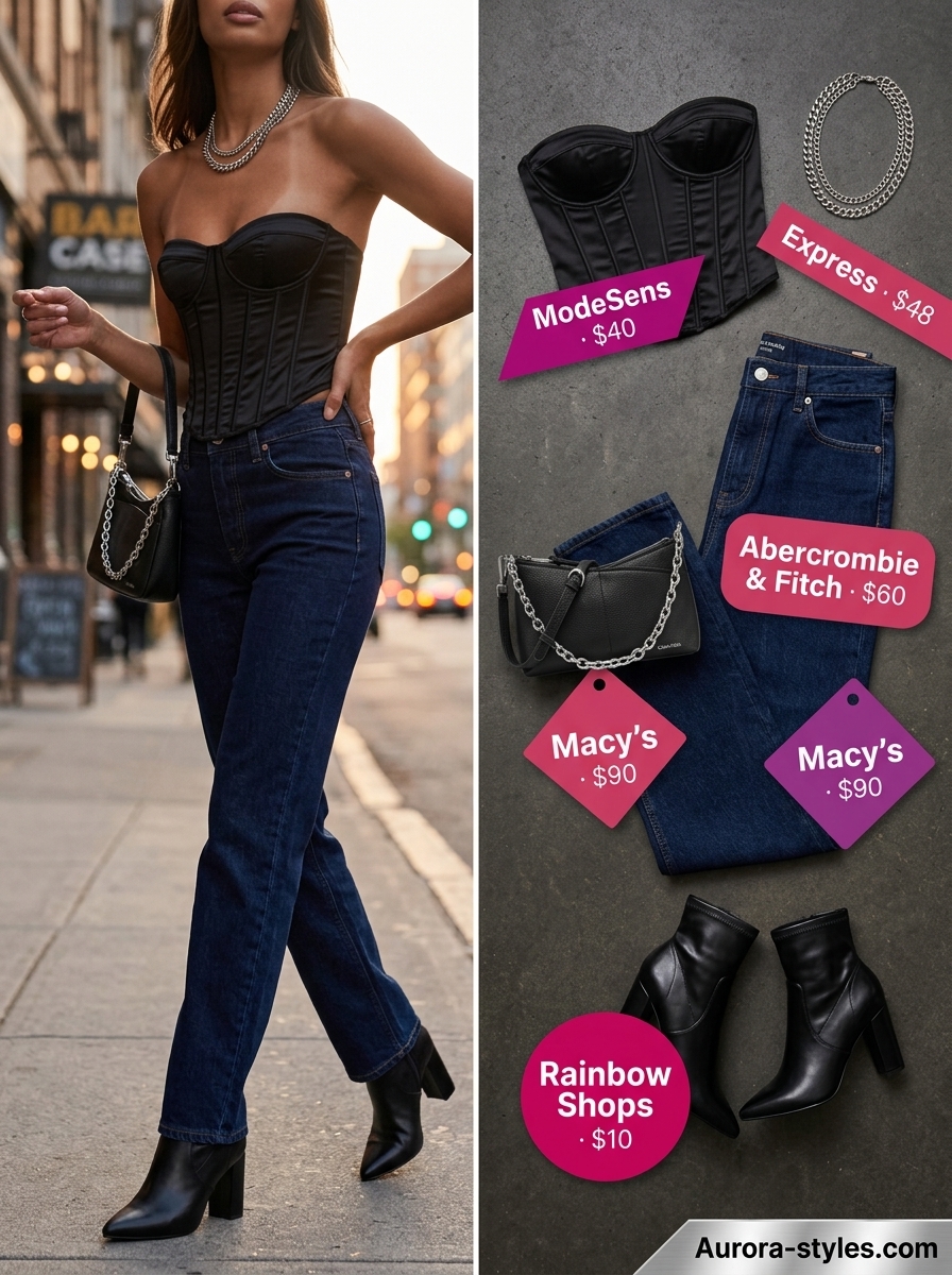 Black corset top, denim jeans & boots for an edgy summer birthday outfit for women 2026.