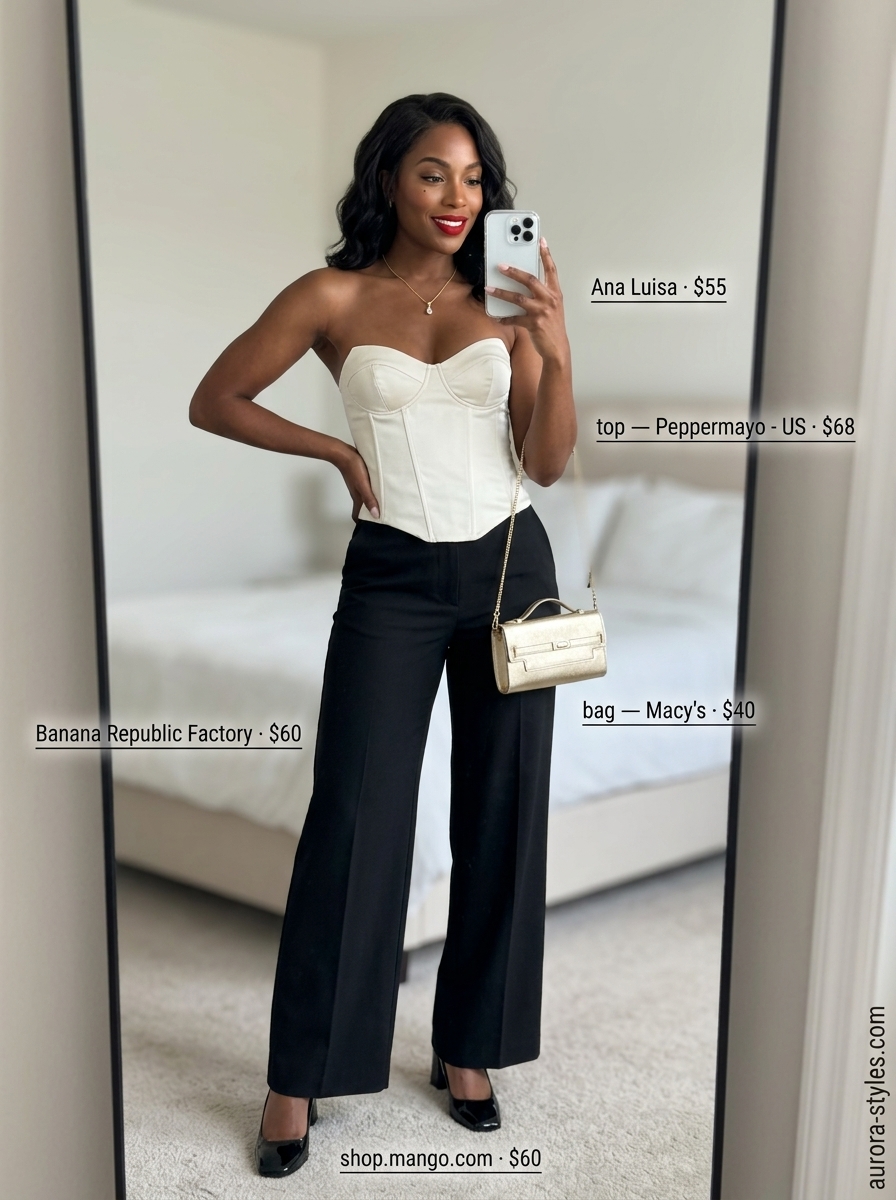 Black trousers, cream corset top & gold clutch for an alluring summer birthday outfit for women 2026.