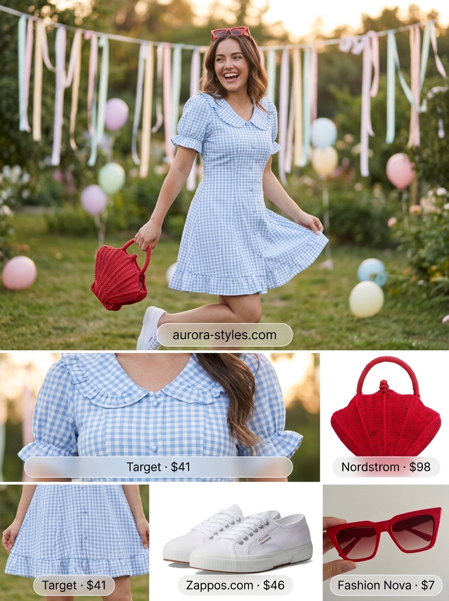 Blue gingham mini dress, red bag & sunglasses for a sweet summer birthday outfit for women 2026 picnic.