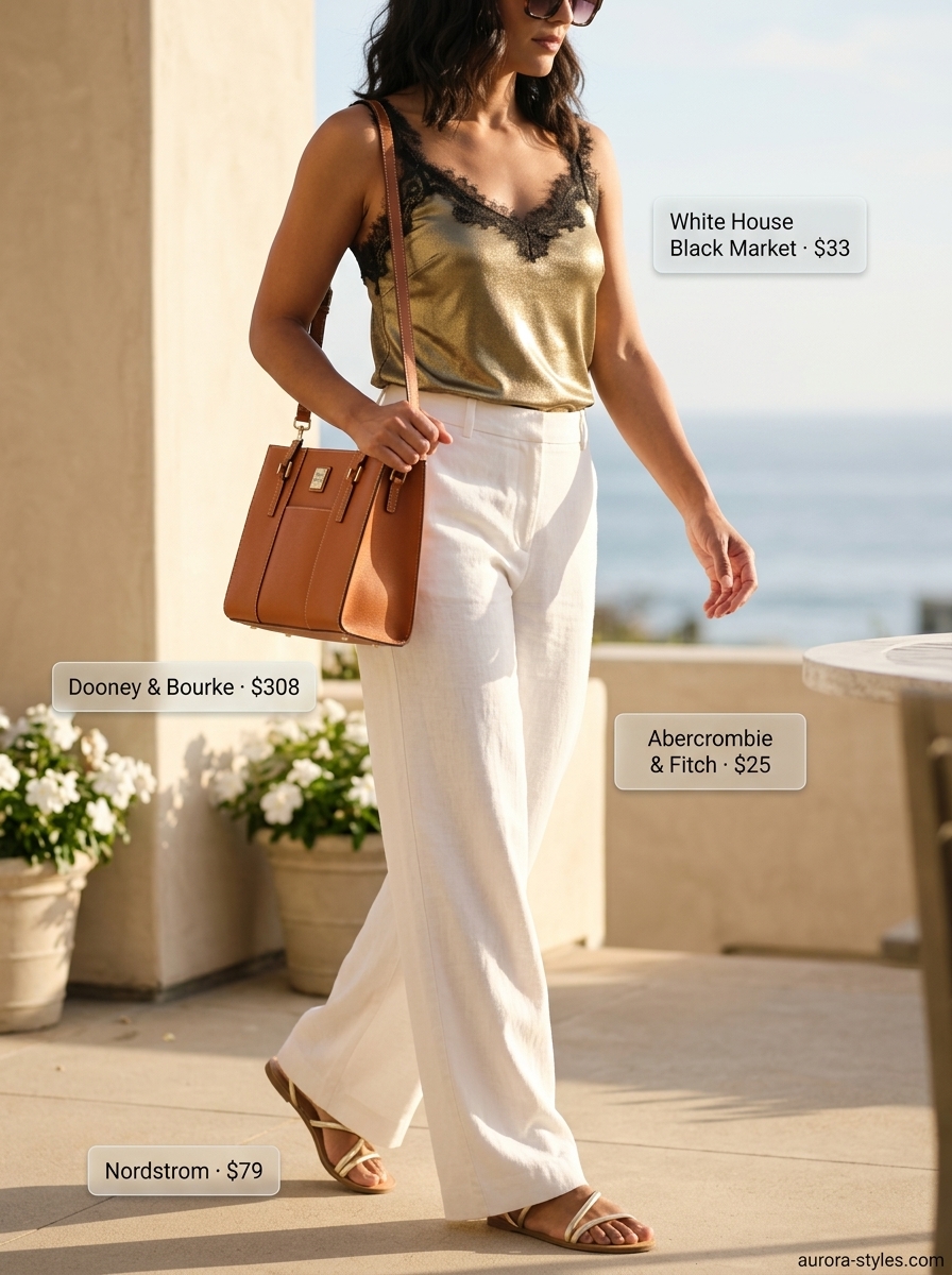 Ivory linen trousers, gold cami & tan bag for an elegant summer birthday outfit for women 2026.