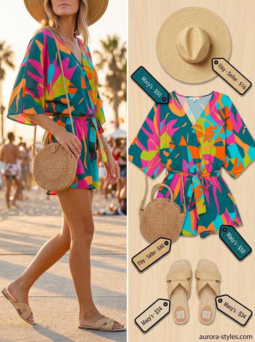 Tropical print romper, straw hat & espadrilles for a playful summer birthday outfit for women 2026.