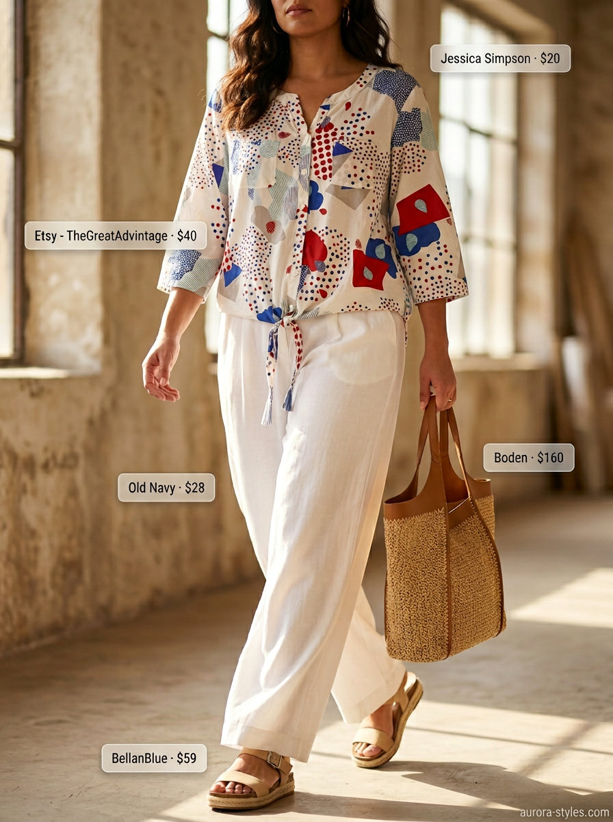 Abstract print wrap blouse with white wide-leg pants for an artsy museum visit. Summer blouses for women 2026.