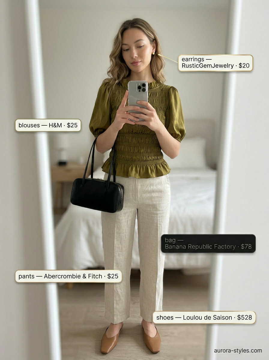 Olive green smocked blouse with cream wide-leg trousers for a minimalist art gallery visit outfit. Summer blouses for women 2026.