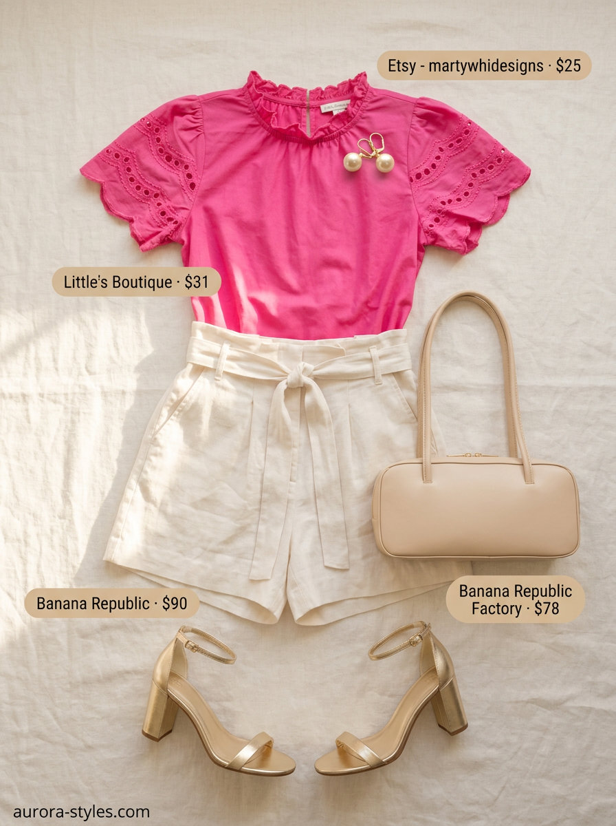 Blush pink eyelet lace blouse with tailored shorts for a garden party. Summer blouses for women 2026.