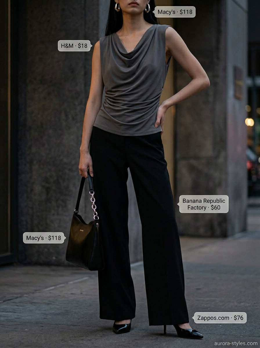 Midnight Urban Edge: Charcoal grey cowl neck blouse, black wide-leg trousers, heels, silver earrings. Summer blouses for women 2026.