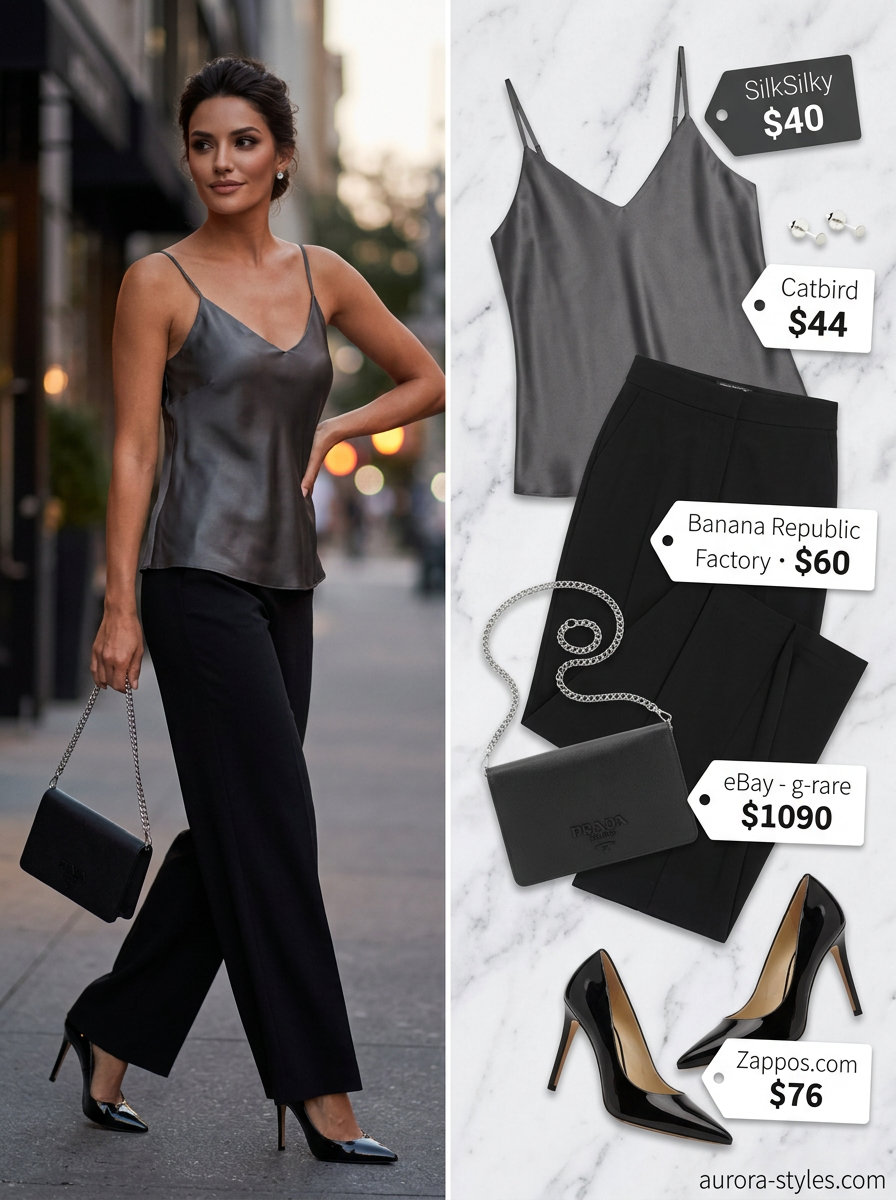 Charcoal grey V-neck silk blend camisole blouse with black wide-leg trousers for a sleek city evening. Summer blouses for women 2026.