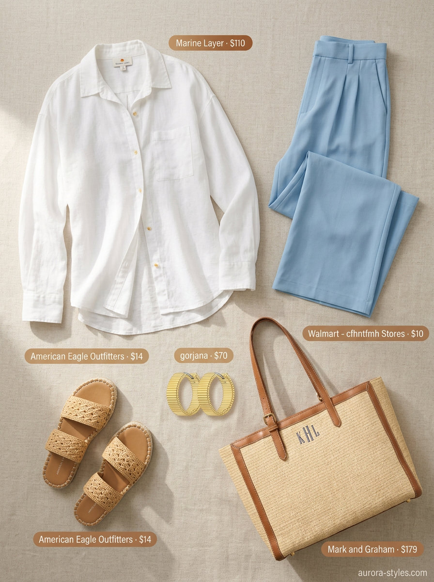Coastal Linen Dream: White linen blouse, sky blue wide-leg pants, raffia tote, espadrilles. Summer blouses for women 2026.