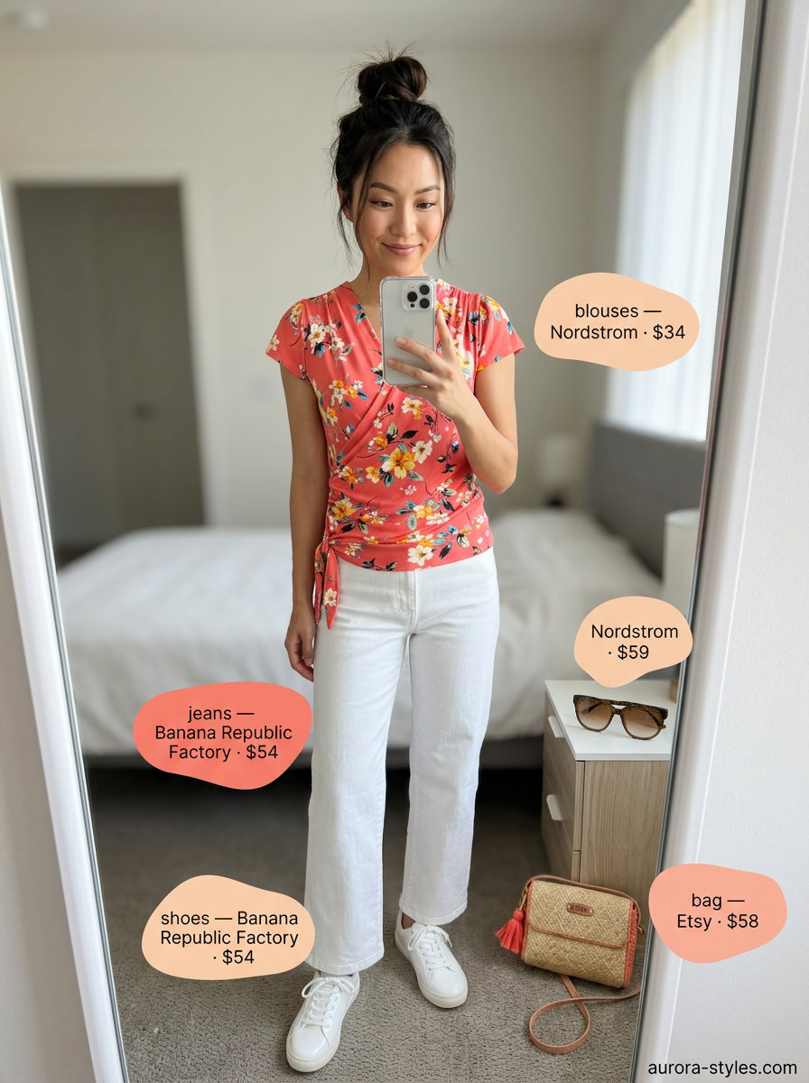 Coral floral wrap blouse with white jeans and sneakers for a vibrant weekend getaway. Summer blouses for women 2026.