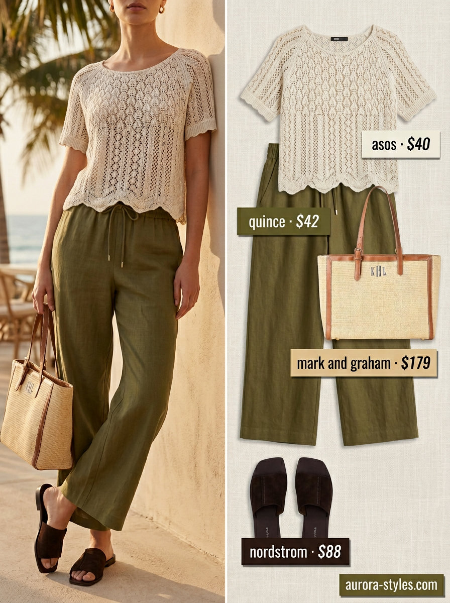 Natural beige crochet knit blouse with linen pants for a golden hour resort look. Summer blouses for women 2026.