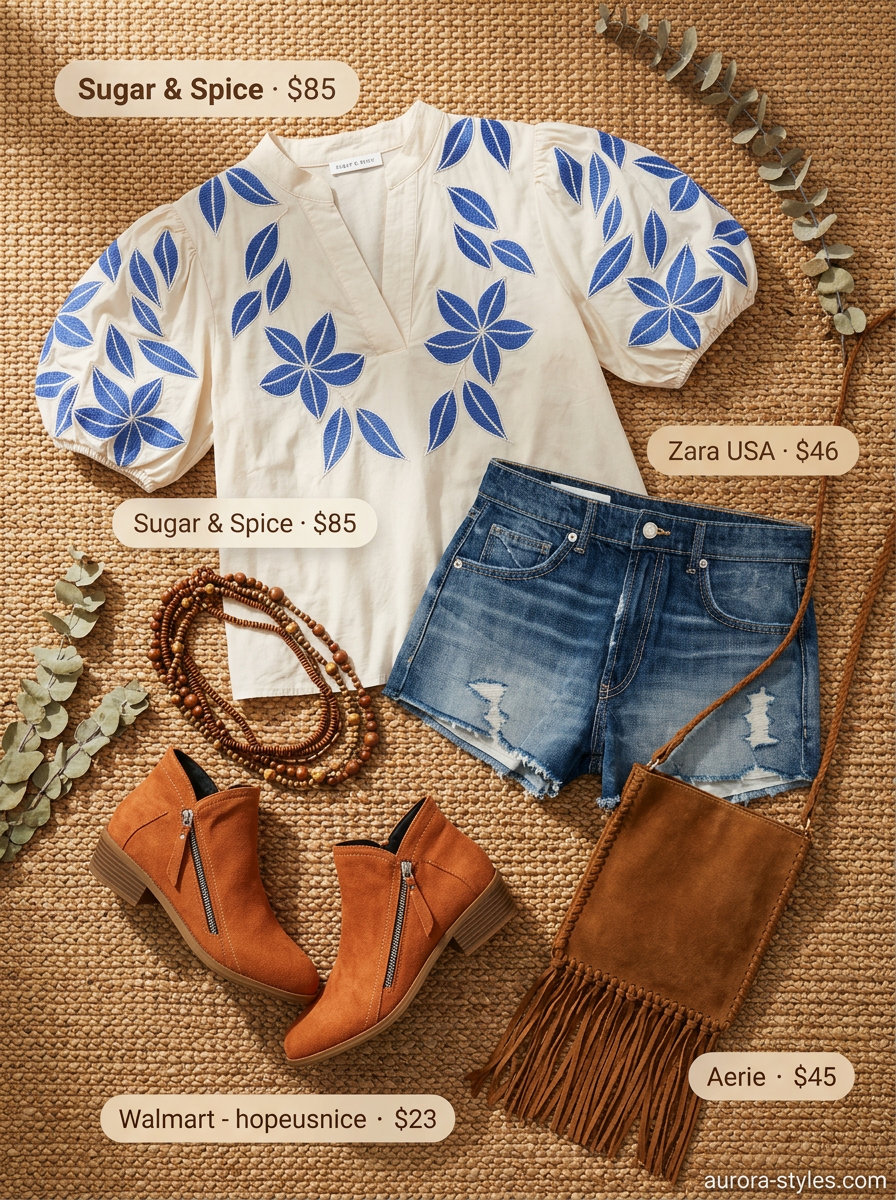 Cream embroidered peasant blouse with denim shorts for a boho festival look. Summer blouses for women 2026.