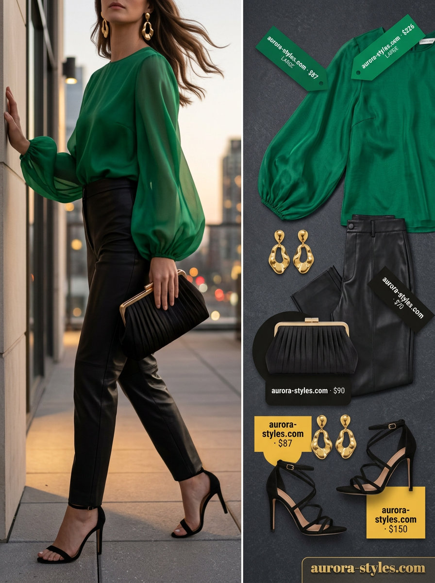 Midnight Rooftop Glam: Emerald green sheer organza blouse with puff sleeves, black faux leather pants, heels. Summer blouses for women 2026.
