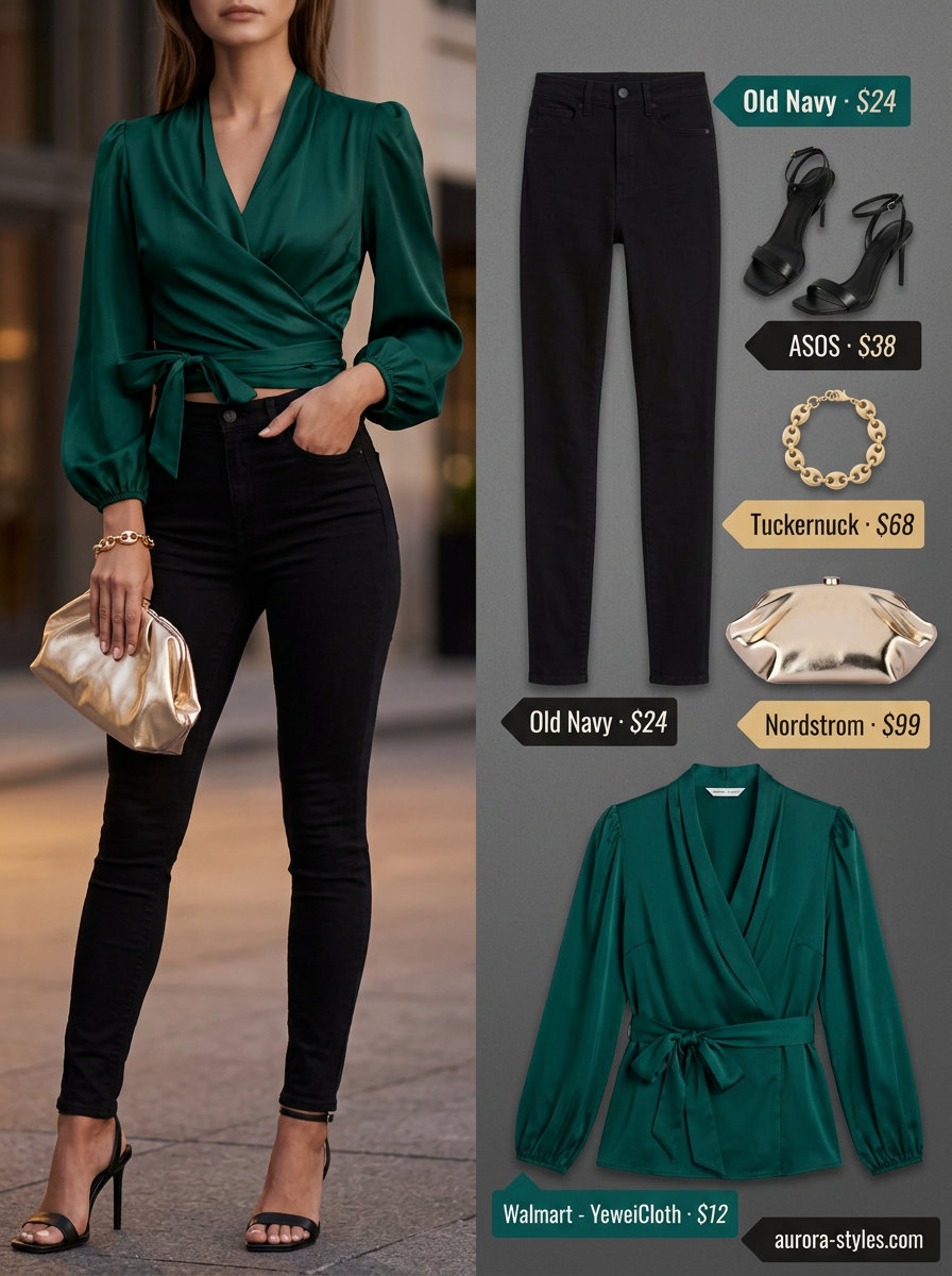 Emerald City Date Night: Emerald green wrap blouse, black skinny jeans, gold clutch, strappy heels. Summer blouses for women 2026.