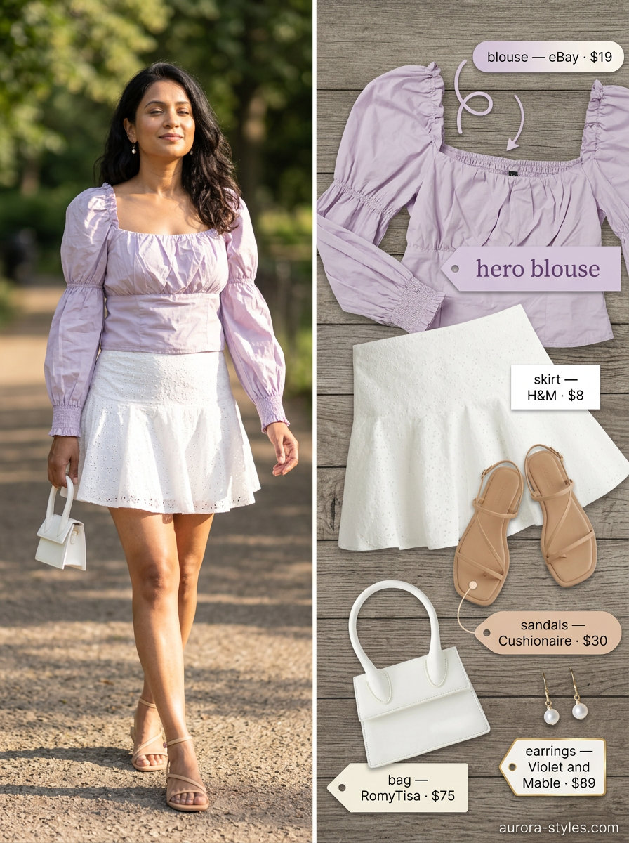 Pastel lavender cropped puff-sleeve blouse with a white A-line mini skirt for a whimsical garden brunch. Summer blouses for women 2026.