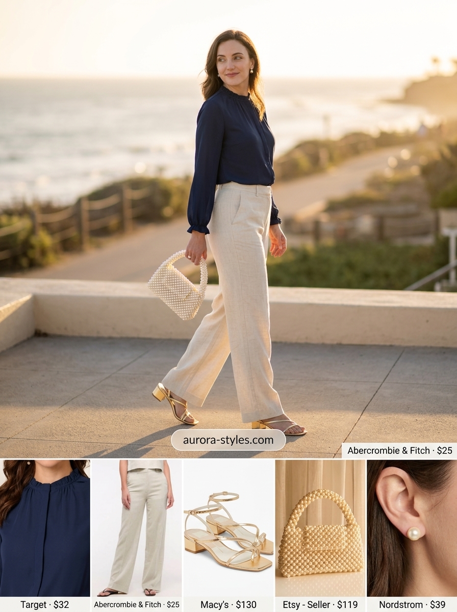 Coastal Cruise Elegance: Navy ruffled chiffon blouse, cream wide-leg trousers, gold heels, pearl clutch. Summer blouses for women 2026.