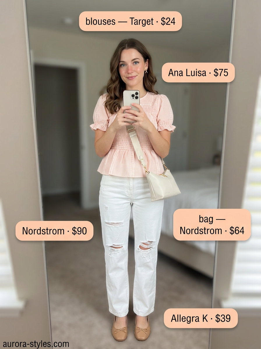 Pink gingham smocked blouse with white jeans for a weekend cafe look. Summer blouses for women 2026.