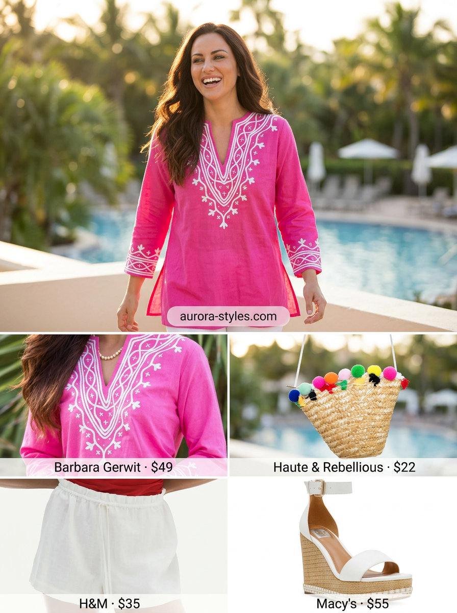 Fuchsia embroidered tunic blouse with white linen shorts for a glamorous resort poolside look. Summer blouses for women 2026.